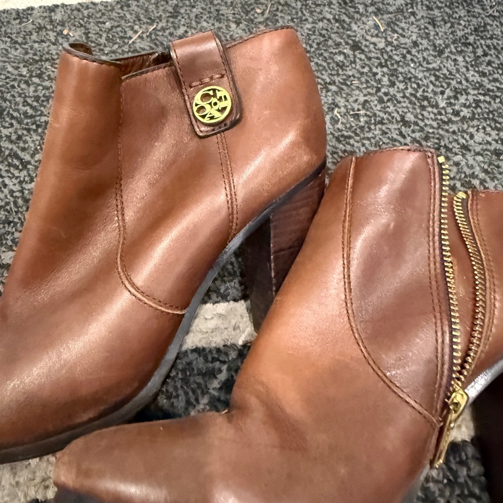 Coach Tan Brown Leather Ankle Booties with Gold Logo Accent